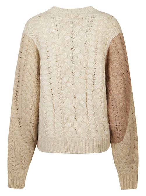 Maglia beige di MARANT ETOILE caratterizzata da patchwork di maglia mista,finiture a coste, orslo asimmetrico e girocollo. MARANT ETOILE | 25APU0701FAC3L04E90BE